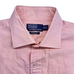 Polo Ralph Lauren Mens Classic Fit Gingham Dress Shirt Orange White Size 17.5